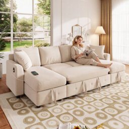 Btm U Shaped Chenille Sectional Sofa, 2 Storage Chaise Lounges, Convertible Sleeper Sofa, 2 Cushions, Beige, 260X128X82Cm