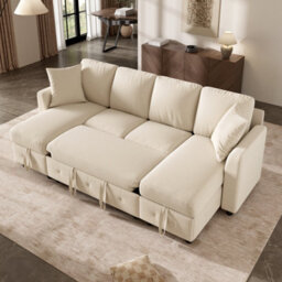 Btm U Shaped Chenille Sectional Sofa, 2 Storage Chaise Lounges, Convertible Sleeper Sofa, 2 Cushions, Beige, 260X128X82Cm - thumbnail 3
