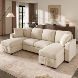 Btm U Shaped Chenille Sectional Sofa, 2 Storage Chaise Lounges, Convertible Sleeper Sofa, 2 Cushions, Beige, 260X128X82Cm - thumbnail 6
