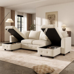 Btm U Shaped Chenille Sectional Sofa, 2 Storage Chaise Lounges, Convertible Sleeper Sofa, 2 Cushions, Beige, 260X128X82Cm - thumbnail 5