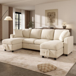 Btm U Shaped Chenille Sectional Sofa, 2 Storage Chaise Lounges, Convertible Sleeper Sofa, 2 Cushions, Beige, 260X128X82Cm - thumbnail 7