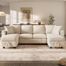 Btm U Shaped Chenille Sectional Sofa, 2 Storage Chaise Lounges, Convertible Sleeper Sofa, 2 Cushions, Beige, 260X128X82Cm - thumbnail 4
