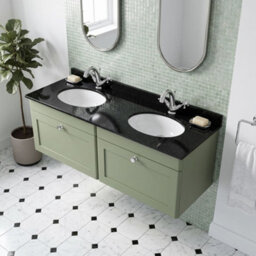 Balterley Swynnerton Traditional 2 Drawer Wall Hung Vanity Unit With Double Marble Basin, Satin Green, 1200mm - thumbnail 3