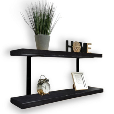 MKGT 60Cm Double Rustic Wooden Shelves Wall-Mounted Shelf With Seated Black L Brackets (Black) - image 1