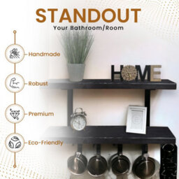 MKGT 60Cm Double Rustic Wooden Shelves Wall-Mounted Shelf With Seated Black L Brackets (Black) - thumbnail 5