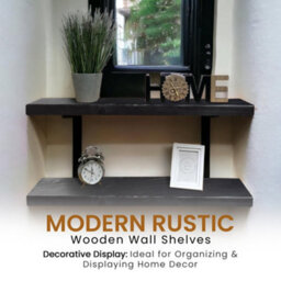 MKGT 60Cm Double Rustic Wooden Shelves Wall-Mounted Shelf With Seated Black L Brackets (Black) - thumbnail 6