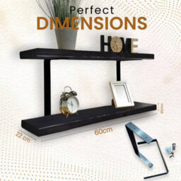 MKGT 60Cm Double Rustic Wooden Shelves Wall-Mounted Shelf With Seated Black L Brackets (Black) - thumbnail 2
