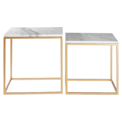 Orsina Set Of 2 Square Cuboid Side Tables, White Marble Top Nesting Tables, Gold Metal Frame Accent Tables - image 1