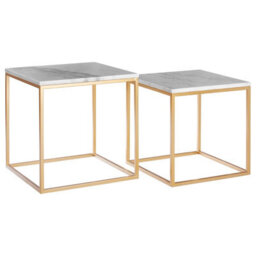 Orsina Set Of 2 Square Cuboid Side Tables, White Marble Top Nesting Tables, Gold Metal Frame Accent Tables - thumbnail 2