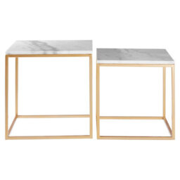 Orsina Set Of 2 Square Cuboid Side Tables, White Marble Top Nesting Tables, Gold Metal Frame Accent Tables