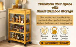 Hygrad Built to Survive 4 Tier Slimline Portable Natural Bamboo Space Saver Wood Kitchen Trolley Drawer Organizer Cart Island Storage Basket Utility Rack - thumbnail 8