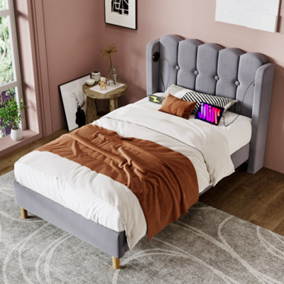 Btm Single Upholstered Bed Usb Type C Charging Linen Frame 3Ft 90X190Cm Teen Bed Grey No Mattress - image 1