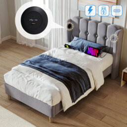 Btm Single Upholstered Bed Usb Type C Charging Linen Frame 3Ft 90X190Cm Teen Bed Grey No Mattress - thumbnail 2