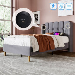 Btm Single Upholstered Bed Usb Type C Charging Linen Frame 3Ft 90X190Cm Teen Bed Grey No Mattress - thumbnail 3