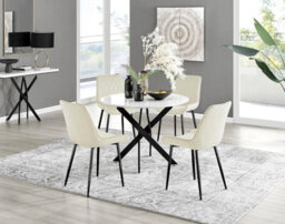 Furniturebox Uk Novara White Gloss Black Leg Round Dining Table & 4 Cream Pesaro Black Leg Chairs