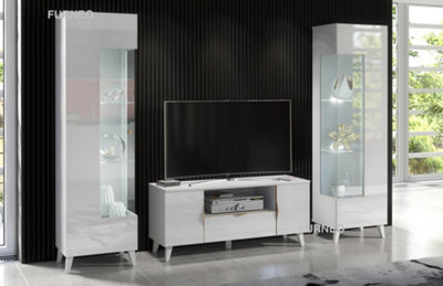 Furneo High Gloss & Matt White Living Room Set Tv Stand Display Cabinets Azzurro 8/12 White Led Lights - image 1