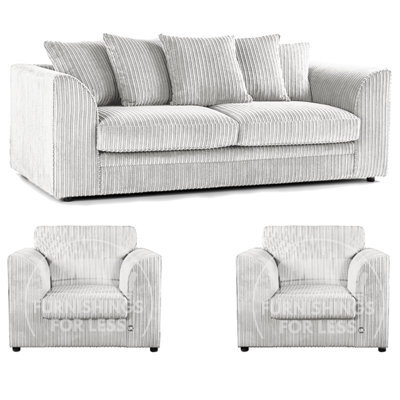 Furnishings For Less UK Luxor Jumbo Cord 3 + 1 + 1 Fabric 3 Piece Sofa Suite - Scatter Back Silver - image 1