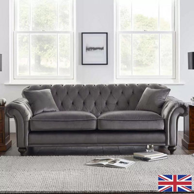 Xample Bordeaux Button Back Grey Velvet 4 Seater Sofa Tufted Design With Foam Cushions, Solid Wood Legs & Accent Pillows - image 1