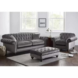 Xample Bordeaux Button Back Grey Velvet 4 Seater Sofa Tufted Design With Foam Cushions, Solid Wood Legs & Accent Pillows - thumbnail 4