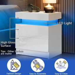 Multi-Type Modern High Gloss Bedside Table With 2 Storage Drawers Nightstand Cabinet Led - thumbnail 4