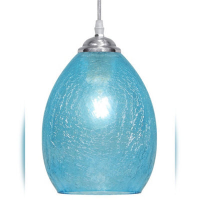 Long Life Lamps Company Retro Chrome Ceiling Pendant Light Fixture Blue Cracked Glass Oval Lamp Shade H3057 - image 1