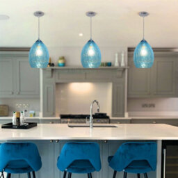 Long Life Lamps Company Retro Chrome Ceiling Pendant Light Fixture Blue Cracked Glass Oval Lamp Shade H3057 - thumbnail 8