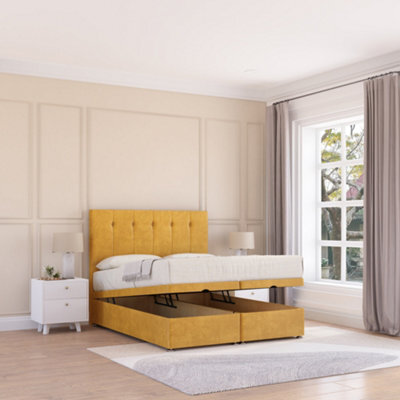 Sloomy Highbury End Lift Ottoman Bed 4Ft With Sprung Memory Mattress - Mustard Plush & Headboard- Small Double - image 1
