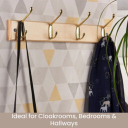 Keypak Coat Rack Wall Mounted Polished Brass 4 Double Hooks - Solid Pine Rack 45Cm Clothes Hanger For Hallway, Bedroom, Bathroom - thumbnail 5