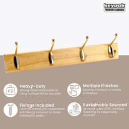 Keypak Coat Rack Wall Mounted Polished Brass 4 Double Hooks - Solid Pine Rack 45Cm Clothes Hanger For Hallway, Bedroom, Bathroom - thumbnail 2