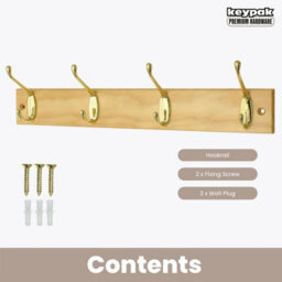 Keypak Coat Rack Wall Mounted Polished Brass 4 Double Hooks - Solid Pine Rack 45Cm Clothes Hanger For Hallway, Bedroom, Bathroom - thumbnail 4