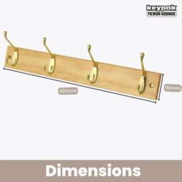 Keypak Coat Rack Wall Mounted Polished Brass 4 Double Hooks - Solid Pine Rack 45Cm Clothes Hanger For Hallway, Bedroom, Bathroom - thumbnail 3