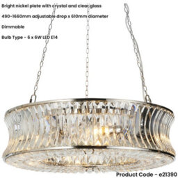 Loops Hanging Ceiling Pendant Light - Bright Nickel Plate With Crystal And Clear Glass - 6 X 6W Led E14 - thumbnail 2