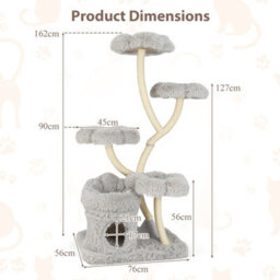 Costway Freestanding Cat Tower 162 Cm Tall Cat Tree W/ Flower-Shaped Platforms-Grey - thumbnail 2