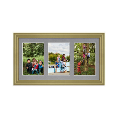AK Frames 40X20Cm Gold Classic Multi Photo Frame With Mid Grey Mount - Holds 3 Apertures (3X) 6X4 Photos - image 1