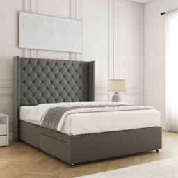 Bsspoke Winchester Divan Bed Set Grey Plush Velvet 54Inch Wingedback Headboard & Mattress & No Drawers All Sizes Available - thumbnail 2