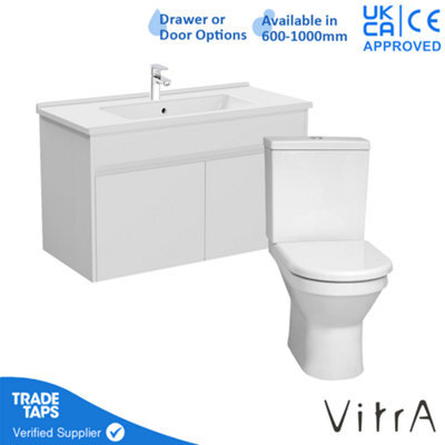 Vitra 1000mm Wall Hung Bathroom Vanity Unit With 2 Doors Includes Basin, Chrome Tap And Close Coupled Toilet Set - White Gloss - image 1