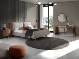 Angel Cerda Elegant Brown Leatherette Bed With Gray Fabric Headboard - thumbnail 3