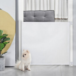 Pawhut Retractable Pet Safety Gate, Folding Stair Barrier, Guard Door - White - thumbnail 1