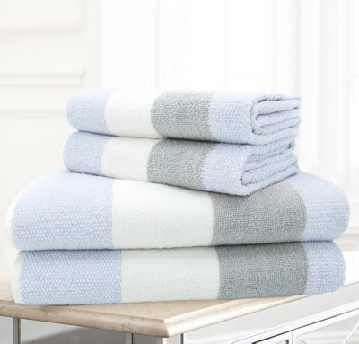 Velosso 4Pc Striped Cotton Hand And Bath Towel Set Durable Everyday Towel Set Blue