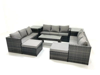 Fimous Outdoor Garden Furniture Set 8 Pieces Rattan Sofa Set With Coffee Table 2 Big Footstools Side Table Dark Grey Mixed - image 1