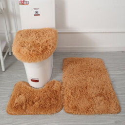 Khaki 3-Piece Shaggy Bath Mat Set, Super Soft, Absorbent & Non-Slip Bathroom Rugs For Toilet & Shower, Easy Clean & Washable - thumbnail 1