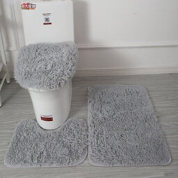 Khaki 3-Piece Shaggy Bath Mat Set, Super Soft, Absorbent & Non-Slip Bathroom Rugs For Toilet & Shower, Easy Clean & Washable - thumbnail 2
