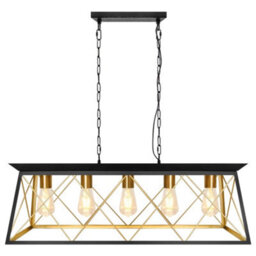 Long Life Lamps Company Large Vintage Black Hanging Ceiling Lantern Cage 5 Fitting Brass Pendant Light H3116 - thumbnail 1