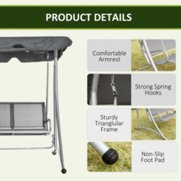 Outsunny 3 Seat Metal Fabric Backyard Balcony Patio Swing Chair W/ Canopy Grey - thumbnail 6