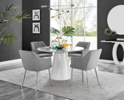 Furniturebox Uk Palma White Marble Effect Round Dining Table & 4 Grey Calla Silver Leg Chairs
