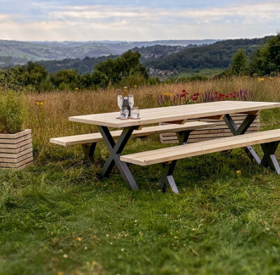 Timber Foundry Wooden Garden Dining Set With Steel X Legs Set 8-10 Seater With 2 Benches Benches - image 1