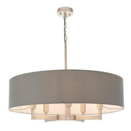 Luminosa Lighting Luminosa Grande Cylindrical Pendant Ceiling Light Matt Nickel Plate, Grey Fabric, 5X E27 - thumbnail 1