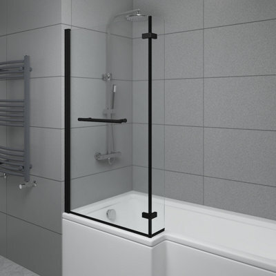 Sundaze 6mm Toughened Safety Glass L Shaped Shower Bath Screen Hinged Return And Towel Rail Black - image 1