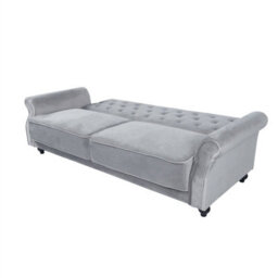 3 Seater Sofa Bed,  225Cm Velvet Click Clack Sofa Bed With Solid Wood Legs - Grey - thumbnail 2