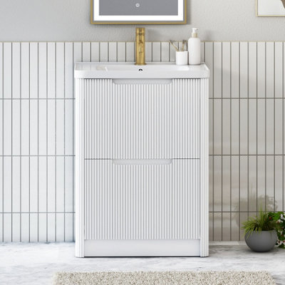 Royal Bathrooms Avenza 600mm Fluted Floor Standing Vanity Unit Matt White 2 Drawer Storage Cabinet With Ceramic Basin - image 1